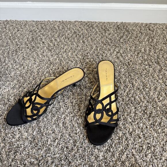VTG Tahari Kitten Heel Strappy Sandals Womens 9.5 M Black Satin 90s Y2K Slip On - Picture 9 of 9